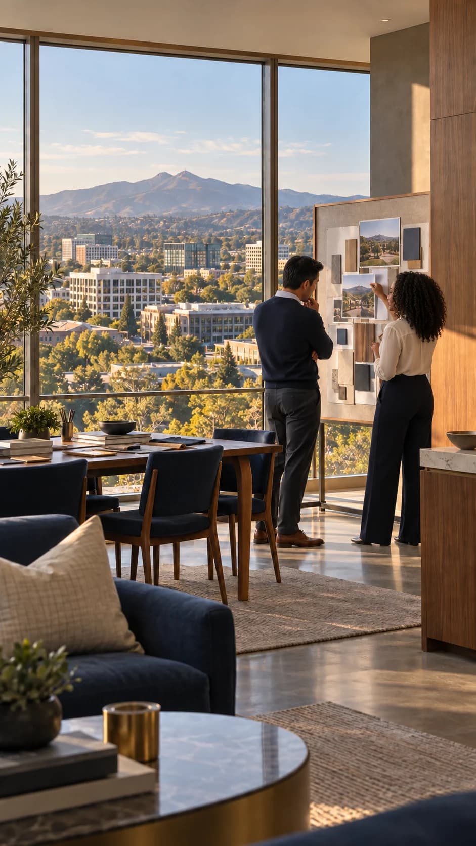 Consultants working in a navy, walnut, and warm-white strategy studio overlooking Walnut Creek and Mount Diablo